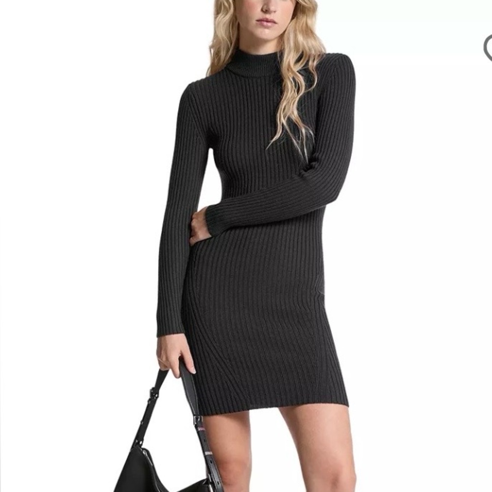 Michael Kors Body con Merino Wool Black Ribbed Mock Neck Sweater Dress large